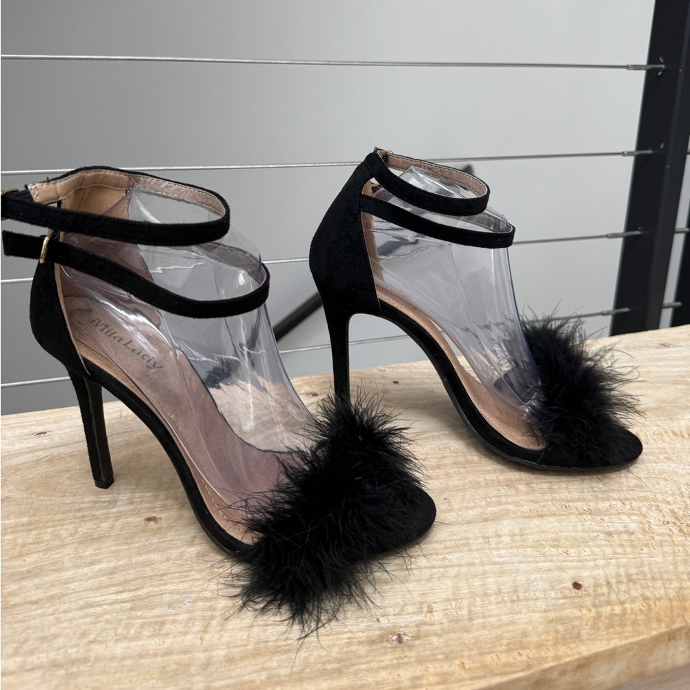 Mila Lady Eileen18 Feather Stiletto Heels Black Ankle Strap Sexy Party | Size 9 - Picture 8 of 10